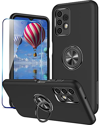 KRAFTCARE Hülle für Samsung Galaxy A13 4G mit 1 Pack Panzerglas Schutzfolie, Handyhülle mit Eingebetteter 360° Grad Ring, Magnetische Schutzhülle Stoßfest Cover Case für Samsung A13 4G,Schwarz