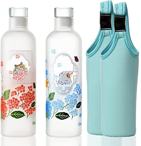 TDN Bouteille d'eau en verre borosilicate, 500ml*2, Réutilisable, Bouteille d'eau étanche avec couvercle sans BPA, Compatible Lave-Vaisselle, Pour gym, Bureau, Boissons chaudes et froides (Chat+lapin)
