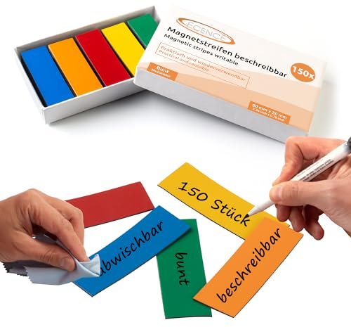 ECENCE Magnetstreifen beschreibbar 150 Stück - 60x20mm - abwischbare Magnetschilder - Magnet-Etiketten zuschneidbar für Whiteboards, Kühlschränke, Magnettafeln - bunt