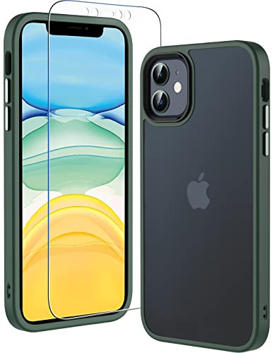 Hensinple Coque pour iPhone 11, Coque iPhone 11 avec Verre Trempé Protection D'écran Antichoc Militaire 360 Degrés Résistante intégrale Complète Protection Bumper Etui Housse pour iPhone 11-Vert
