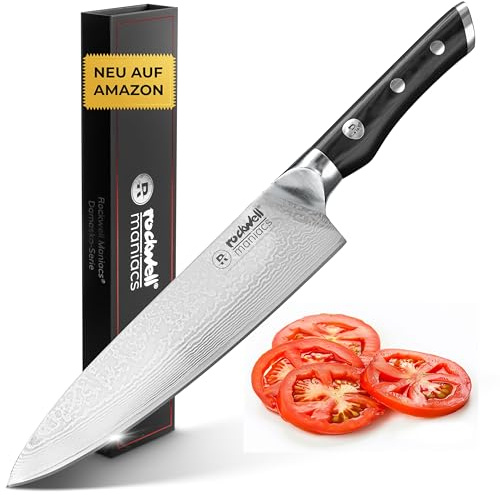 rockwell maniacs Damastmesser Kochmesser Damast Küchenmesser 67 Lagen Damaststahl mit VG10 Schneidekern G10 Griff 20,5 cm Klinge scharfes Küchenmesser Damaststahl Geschenk für Männer