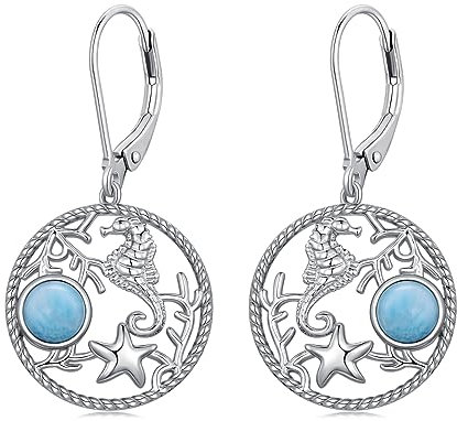 POPLYKE Seepferdchen-Ohrringe für Frauen Sterling Silber Larimar Kreis Leverback Ohrringe Seestern Strand Jewerly Geschenke für Mädchen (Seepferdchen)