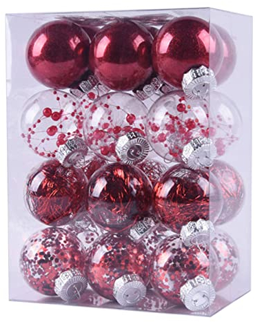 24 Stück Weihnachtskugeln Bunt Durchsichtig, 6cm Weihnachtskugel Christbaumkugeln, Weihnachtsdeko Set, bruchsichere Weihnachtskugeln für Weihnachtsbaum, Hochzeit, Partys, DIY Dekoration, Rot
