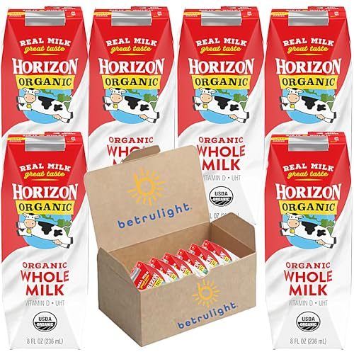 Organic Milk, Horizon Organic Whole Milk | Shelf Stable Milk, Grass Fed Milk Assortment of Plain, Vanilla, Chocolate, & Strawberry, Lowfat On-The-Go Milk Boxes for Kids & Adults| Includes Calcium, Vitamin A, Vitamin D & 8g of Protein, Non GMO Milk 8 Fl Oz Pack of 6 | Every Order is Elegantly Packaged in a Signature BETRULIGHT Branded Box!