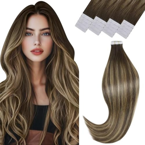Vivien Ombre Extensions Echthaar Tapes 50cm Invisible Tape Extensions Echthaar Balayage Braun bis Blond Glatt 50g 20Pcs
