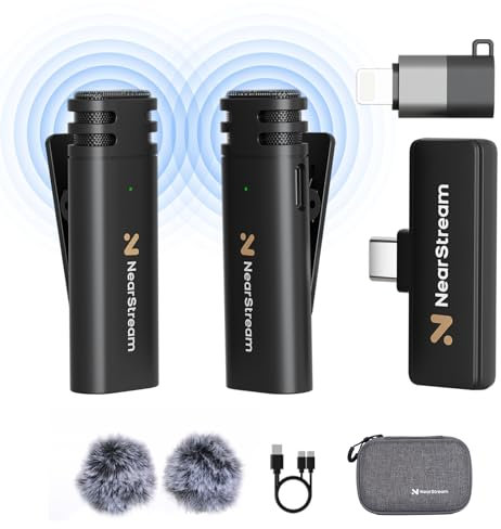 NearStream Microfono Mini Lavalier Wireless,6 Ore di Durata,Raggio di Ricezione del Segnale di 10 Metri, Microfoni Wireless per Registrazione, Streaming, Interviste(AWM10T)