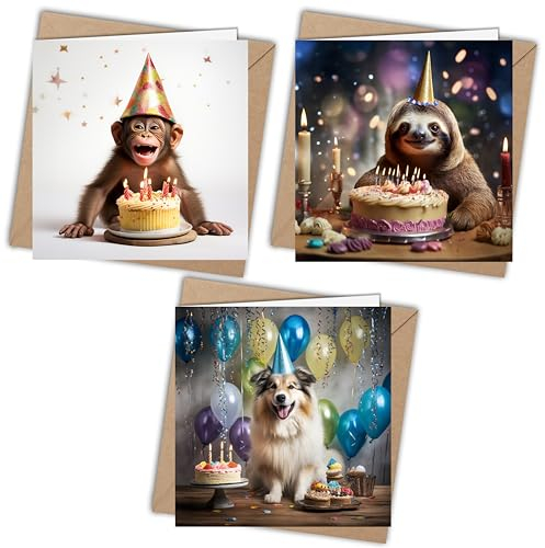 3 lustige Glückwunschkarten Tiermotive mit 3 Kraftpapier Umschlägen – quadratische Klappkarten im Qualitätsdruck als SET zum Geburtstag, Feier, Party, für besondere Anlässe.