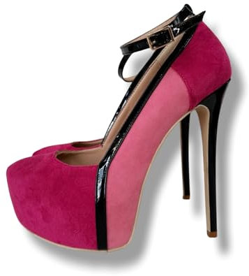 Frankie Hsu Décolleté fatte a mano con tacco alto con plateau, cinturino alla caviglia in camoscio rosa fucsia e nero, grandi dimensioni US5-19 scarpe per donne e uomini, Rosa, 37 EU