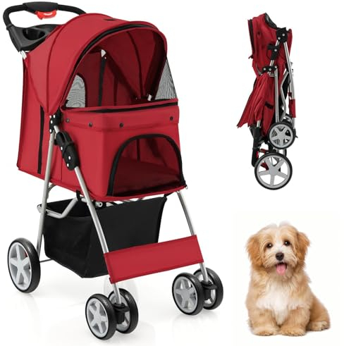 SOARS Hundebuggy, Hundewagen bis 15kg klappbar, Katzenwagen mit Netzfenstern & Getränkehalter & Aufbewahrungskorb, Haustier-Kinderwagen für kleine Haustiere (Rot)