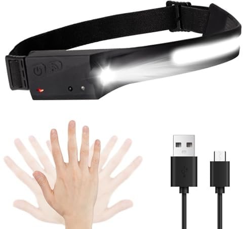 LQWELL ® Stirnlampe LED Wiederaufladbar, COB-Breitstrahl & Spotlight Typ-C USB-Lade- Kopflampe, 5 Modi Wasserdichte Headlight mit Bewegungssensor für Nachtlaufen, Radfahren, Camping, Reparieren