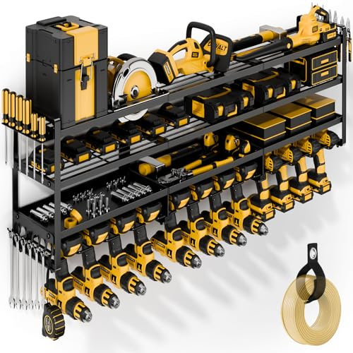 POKIPO 49 W Large Power Tool Organizer Wall Mount Loads 600 lbs, Heavy Duty 4-Tier 12 Drills Holder, Cordless Tool Storage Battery Shelf, Utility Racks for Garage Workshop Shed, Gifts for Men Husband