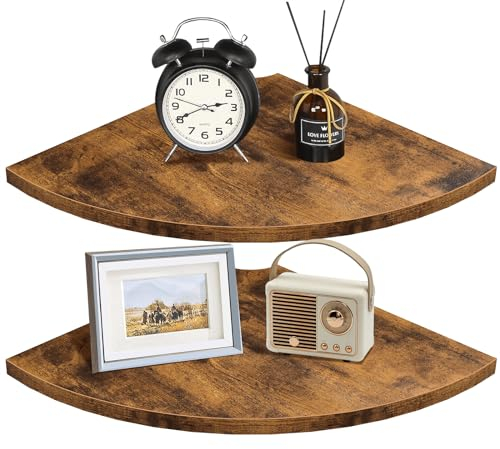 Homode Corner Shelf Wall Mount, 12 Inch Wood Floating Corner Shelves with Cord Hole, Set of 2 Large Corner Hanging Shelves for Bathroom Bedroom Kitchen, Rustic Brown