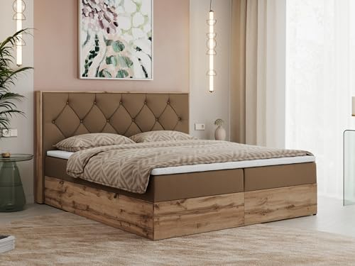 MKS MEBLE Boxspringbett 160x200 cm mit Bettkasten Wotan Eiche, Doppelbett mit Kopfteil, Matratze H4 mit Topper T25, Matratzenaufbau, Polsterbett mit Stauraum - Braun Kunstleder - Veneto