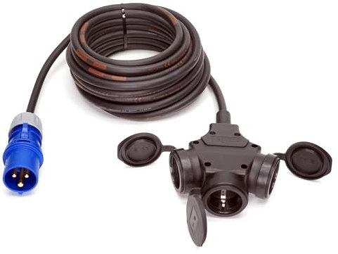 CEE-Stecker auf Schuko-Verteilung 3-Fach (1,5m-50m) 16A Verlängerungskabel Titanex H07RN-F 3x1,5mm² mit PCE Stecker und 3er-Kupplung IP44, Business-Line von Event-Kabel (20 Meter)