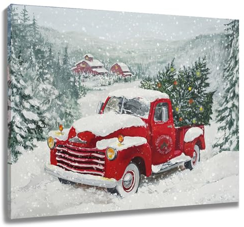 LB Wandbilder Winter Schneewald Poster Grüner Weihnachtsbaum auf Bauernhaus Roter LKW Wanddruck Rustikaler Berg Leinwand Bilder für Wohnzimmer Schlafzimmer Badezimmer Wand Deko,60x40cm Ungerahmt