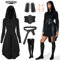 BuzzoXerex Robe Medievale Femme, Costume Medieval Femme capuche, Halloween Costume Gothique pour Femme avec Corset, Ceinture, bas Noirs, Oreilles d'Elfe pour Halloween, Carnaval (Noir, XL)