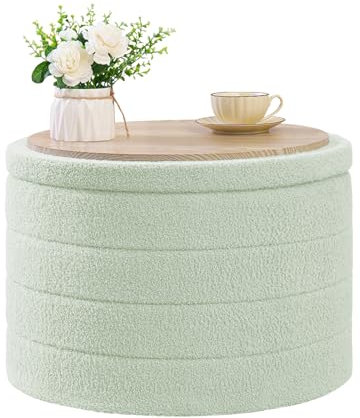 Bonlife Extra Large Folding Round Ottoman with Storage,Boucle Ottoman Stool, Footstool Seat Coffee Table,Toy Box Storage,Footrest Stool for Living Room,Bedroom,Green,56x56x40cm