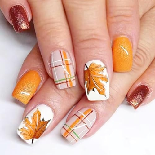 TELAIN Faux ongles artificiels d'automne - Moyen carré avec feuille d'érable - Orange pailleté - Design à carreaux - Couverture complète - Pour femme