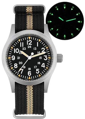 Militado ML05 ML05B 38mm Vintage Felduhren Für Männer, VH31 Schweigende Sekunde/515/Miyota Super 2035 Quarzwerk, Gewölbtes Saphirglas Mit AR-Beschichtung, C3 Super-Leuchtmasse, 100M Wasserdicht