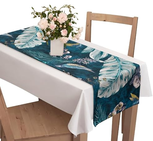 Voppi Gemustert Tischläufer 140cm blau mit Muster Vögel Blumen Federn Tischdecke für Haus Hotel Deko