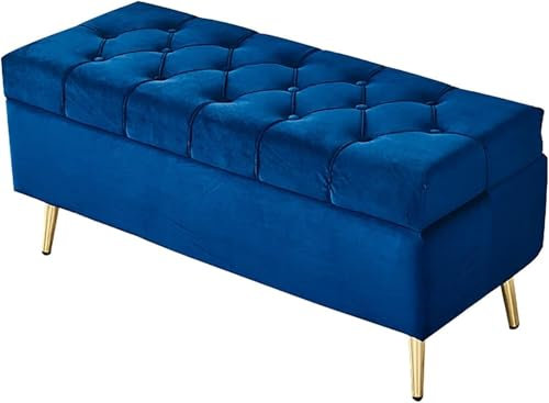 Luxury Upholstered Bench with Storage, Rectangular End of Bed Bench, Modern Storage Bench, Tufted Footstool with Metal Legs for Bedroom,(Navy-60x40x45cm