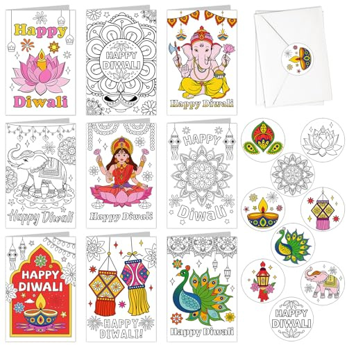 DPKOW 9pcs Colouring Diwali Cards with Envelopes Stickers, Diwali Gifts for Kids, DIY Colouring Supplies Deepavali Crafts for Kids, Rangoli Diya Peacock Hindu Cards for Festival of Lights Party