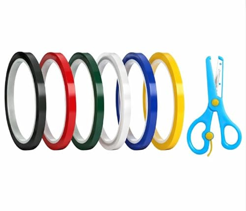 FIUTEKO 6 Pezzi Set Nastro Adesivo Colorato Whiteboard,Nastro Isolante PET 5mm x 66m con Forbici Nastri di Identificazione Adesivo per Lavagna Fai da Te Marcatura Ufficio Scuola Modellismo