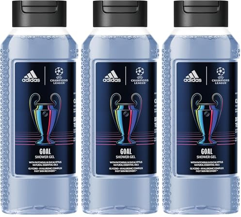 adidas UEFA GOAL Edition Gel Douche 250ml – Patchouli & Eucalyptus, Formule Vegan, Adapté aux Peaux Sensibles (Lot de 3)