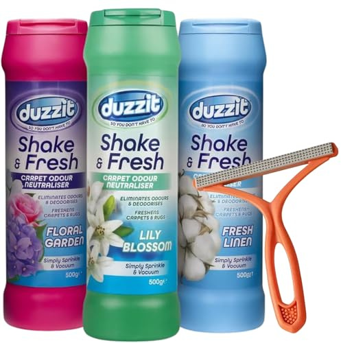 Shake & Vac Carpet Freshener Powder Bundle, Fresh Linen, Lily Blossom & Floral Garden, Carpet Odour Neutraliser Deodoriser, Home Carpet Cleaner, 3 x 500g plus Lint Remover Tool