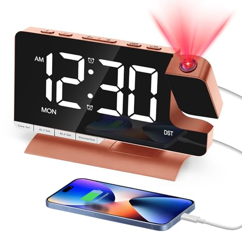 Venchin Projector Alarm Clock, 7.3 Mains Powered Bedside Clock Digital | 180° Ceiling/Wall Projection, 2 Alarms for 3 Routines, Snooze, Volume/Brightness Control, 12/24HR & DST, 2 Charging Port