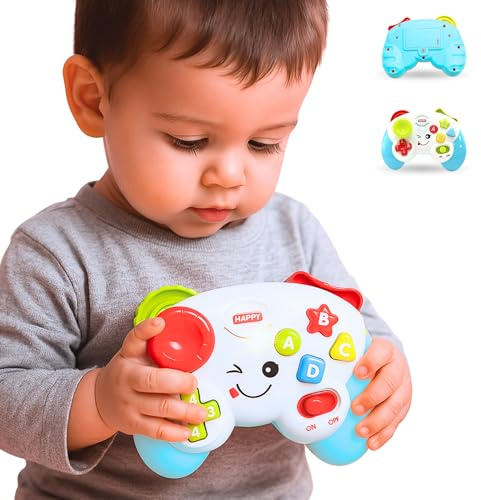 Juguete Musical para bebé - AMATOYS - Mi Primer Mando de Consola con Luces y música - Mando de Videojuego de Juguete para Primera Infancia - Juego Montessori Educativo (Azul)