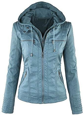 Newbestyle Giacca in pelle da donna con cerniera, cappotto con cappuccio corto, Blu1, XXL