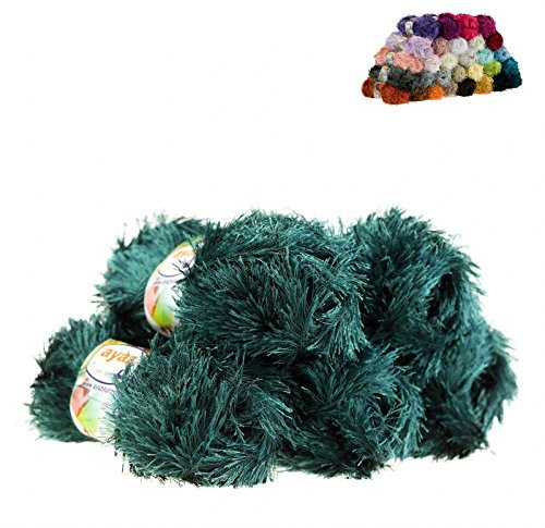 Fransen-Strickgarn Yumos 5 Knäuel je 150m/100g Strickgarn Wolle Strickwolle, Nadelstärke 4-5, Häkelnadel 3, Farbe:2873 dunkelgrün