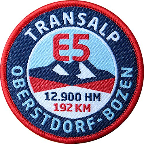 2 x E5 Oberstdorf Abzeichen gewebt 60 mm/Alpencross Transalp Fernwanderweg/Patches Aufbügler Aufnäher Bügelflicken Patch zum Aufnähen Aufbügeln/Meran Bozen Südtirol Wanderführer (E5 Bozen)