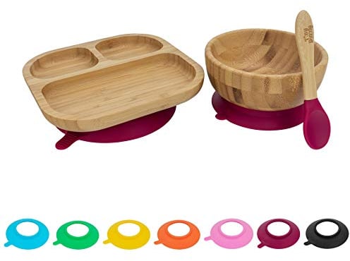 Tiny Dining Baby-Geschirrset - segmentiert - rot - 3-teilig - geteilter, Rutschfester, selbsternährender Baby-Entwöhnungsteller, Schüssel und Löffel aus Bambus für Babys