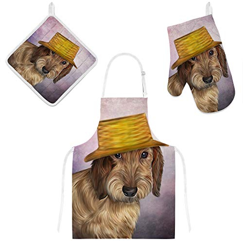 MyDaily - Set di Grembiule, Guanti da Forno e presina, con Cappuccio Regolabile, con Tasche, Guanto da Forno e presina, 3 Pezzi