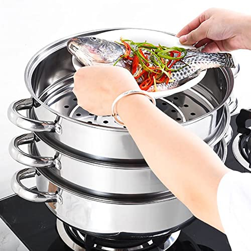 OUKANING 3 Etagen Dampfkocher Stapelbar Dampfgarer Dampfkochtopf aus Edelstahl Dampf Kochtopf Dampfgarer mit Glasdeckel,induktionsgeeignet,Durchmesser 28 cm