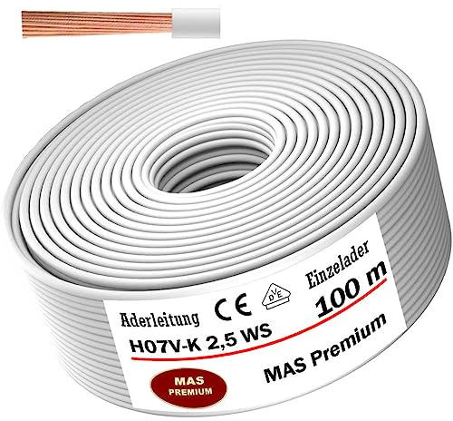 MAS Premium Aderleitung H07 V-K 1x2,5 mm² HBL GRGE RT DBL BR OR GR WS VIO oder GE Einzelader flexibel Von 5 bis 100m (Weiß, 100m)