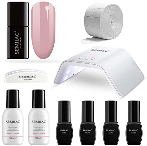 Semilac Try Me Gel Nail Starter Kit, Nail Set For Beginners - 3 x UV Gel Colours 7ml, UV/LED Lamp, Top & Base Coat 7ml, Tools & More For Perfect Manicure Tools & More - 004 Nude