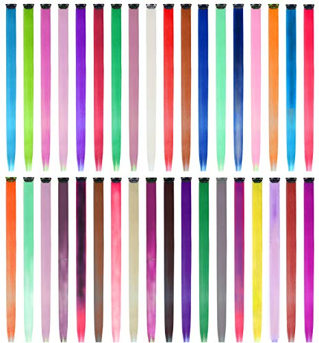 EuTengHao 36 Packungen Farbiger Clip in Haarverlängerungen 22 '' Bunte glatte Haarverlängerungen Clip für Frauen und Kinder Mehrfarbige Party-Highlights Streifen Synthetische Haarteile (36-Farben-Set)