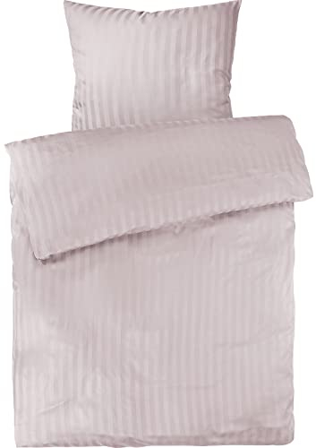 Pure Label Mako Satin Damast Streifen Bettwäsche rosa 155x220 cm mit Kissenbezug 80x80 cm aus 100% Baumwolle | Traumhaft weiches Mako Satin Bettwäsche Set in Uni
