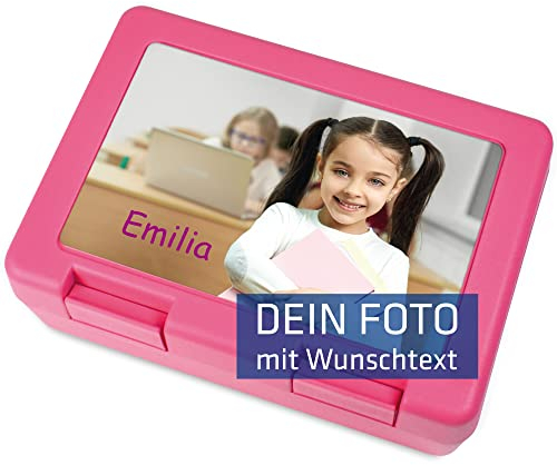 INDIGOS UG - Brotzeitbox rosa - 185 x 128mm - Schilder selbst gestalten Foto Bild & Text bedruckt - personalisiert - Brotbüchse für Schule, Kita, Picknick, Kindergarten - Brotdose für die Kinder