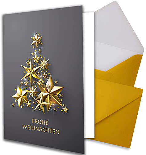 NEUSER PAPIER 100 XL Weihnachtskarten-Set DIN A5 mit goldenem Weihnachtsbaum aus Sternen - Faltkarten mit passenden Umschlägen DIN C5 Gold mit Nassklebung - Weihnachtsgrüße für Firmen und Privat