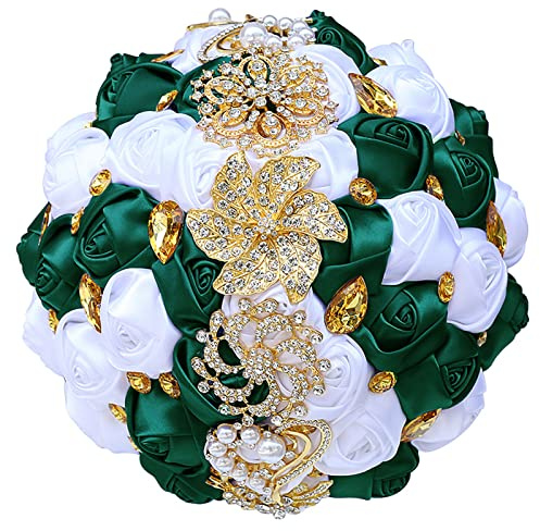 XINNI Luxus Gold Strass Smaragd Grün Brautstrauß Brautjungfer Satin Rose Blumenstrauß Hochzeit Dekoration Dunkelgrün und Weiß