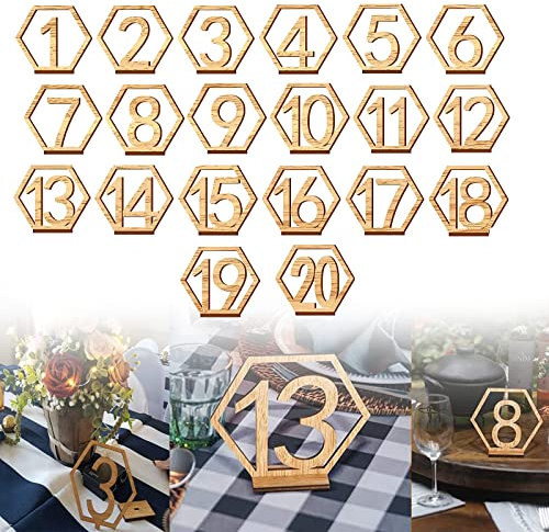 Bogoro Qazuwa Holztischnummern,1-20 Sechseck Form Holz Tischnummern, Holz Tischnummern Mit Halter, Sechseckige Form,für Hochzeiten Partys Veranstaltungen Oder Catering Dekoration