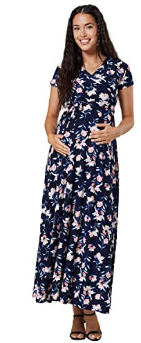 HAPPY MAMA. Femme Robe Maxi Maternité d'allaitement. Court Manches. 599p (Imprimé Bleu Marine et Petites Fleurs, 36, S)