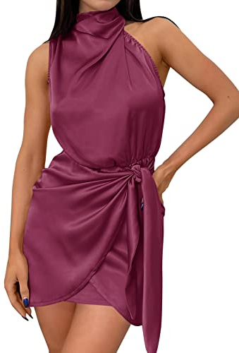 ZESICA Damen 2023 Mode Satin Ärmellos Neckholder Krawatte Taille Wrap Bodycon Cocktail Party Minikleid, Fuchsia, Mittel