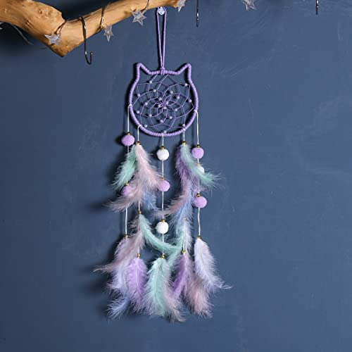 PTNKUIIY Traumfänger, Handgefertigte Dreamcatcher mit Feder Mädchen Kinder als Geschenke Zimmer Schlafzimmer Dekoration Wandbehang Wohnkultur Ornamente Apartment Schlafsaal Raumdekoration,Katze, Lila