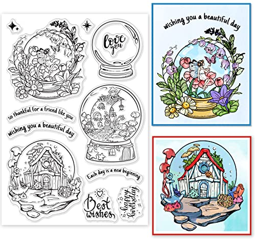 ORIGACH Blumem Kristallkugel Silikon klare Stempel für die Kartenherstellung. Wald und Unterwasserwelt Kristallkugel Transparent Stempel für DIY Scrapbooking, Journaling, Fotoalbum