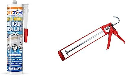 Dryzone Anti-Mould Silicone Sealant (310 ml White) Premium Sanitary-Grade Low-Odour, Low VOC Sealant for Bathroom and Kitchen & ProDec MG11ES Extra Strong Skeleton Caulking Gun